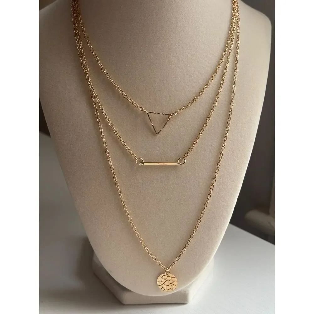 Gold Layered Necklace Minimal Geometric Bar Coin Pendant Dainty - Picture 6 of 7